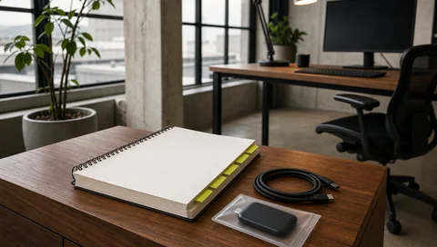 An onboarding notebook and access device ready at a new workstation