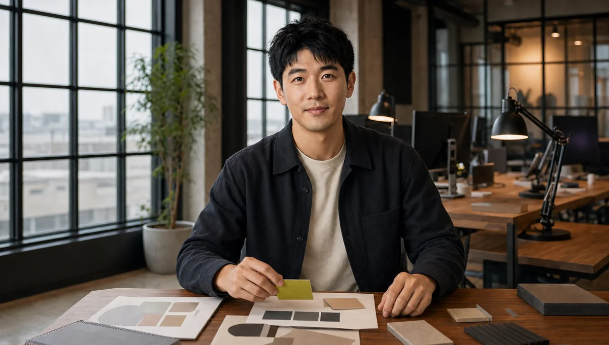 Kenji smiling at the camera beside tactile colour and layout studies in the Stavatar workspace