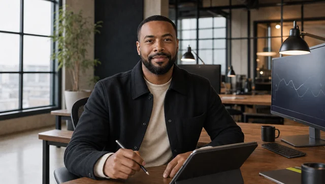 Marcus smiling at the camera beside campaign-review tools in the Stavatar workspace