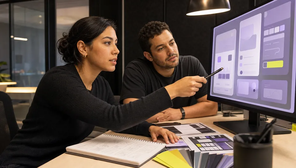 Design team reviewing a digital product interface and color system