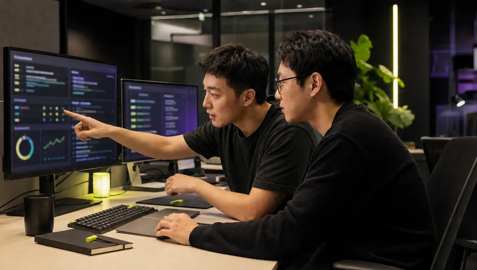 Software developers reviewing code and test results together