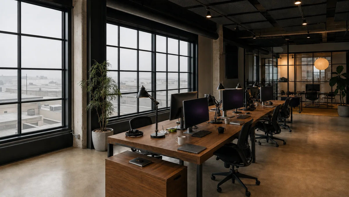 The open Stavatar workspace in San Francisco, with walnut desks, black steel details, and restrained chartreuse accents